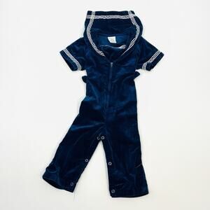 Vintage JC Penny Sailor Suit Velour One Piece Sz 1.5T 1T 2T Circa 70s 80s